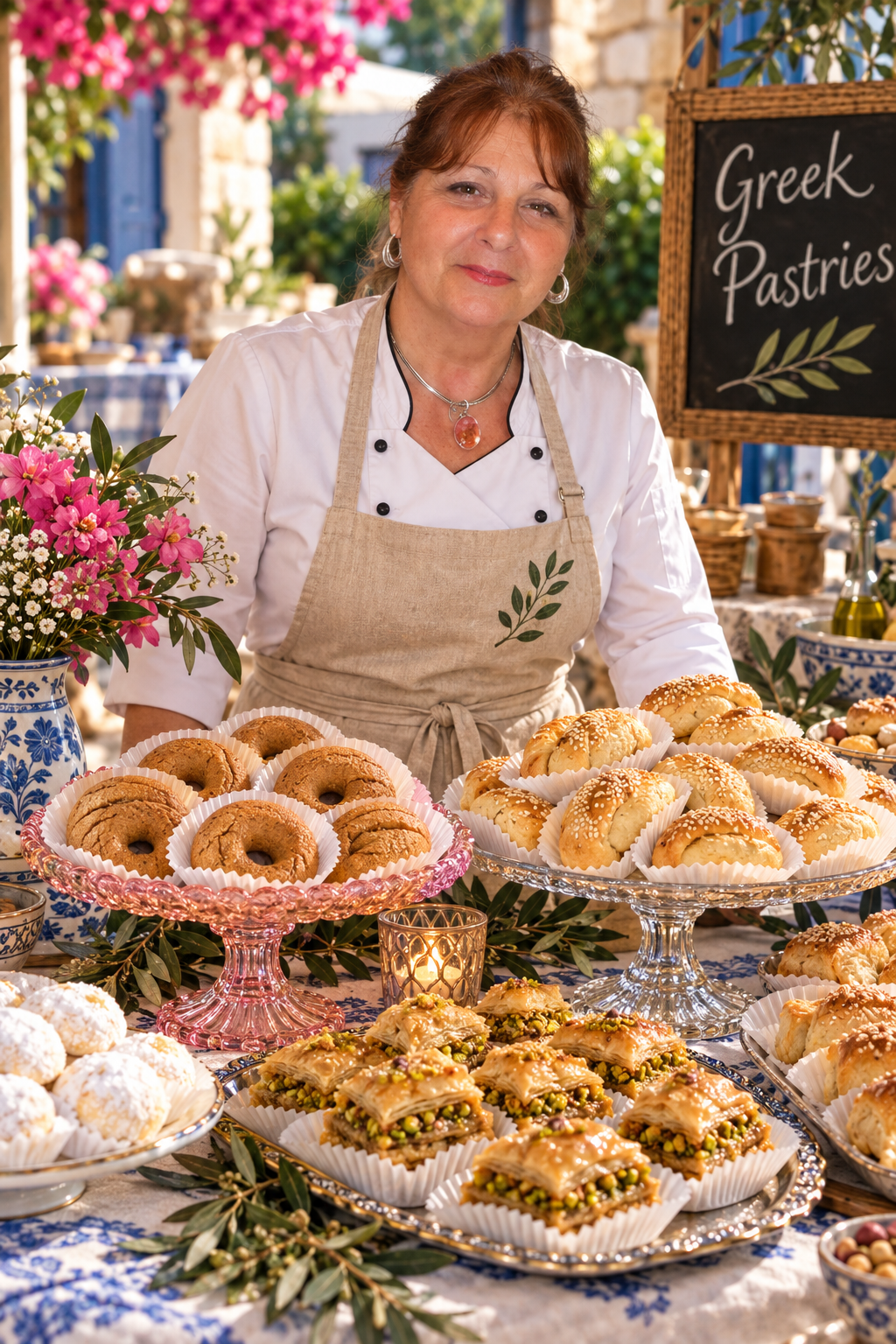 Traditional Greek pastries, spinach and cheese pies, cheese rolls, peinirli and pizza at a bakery window display closeup view